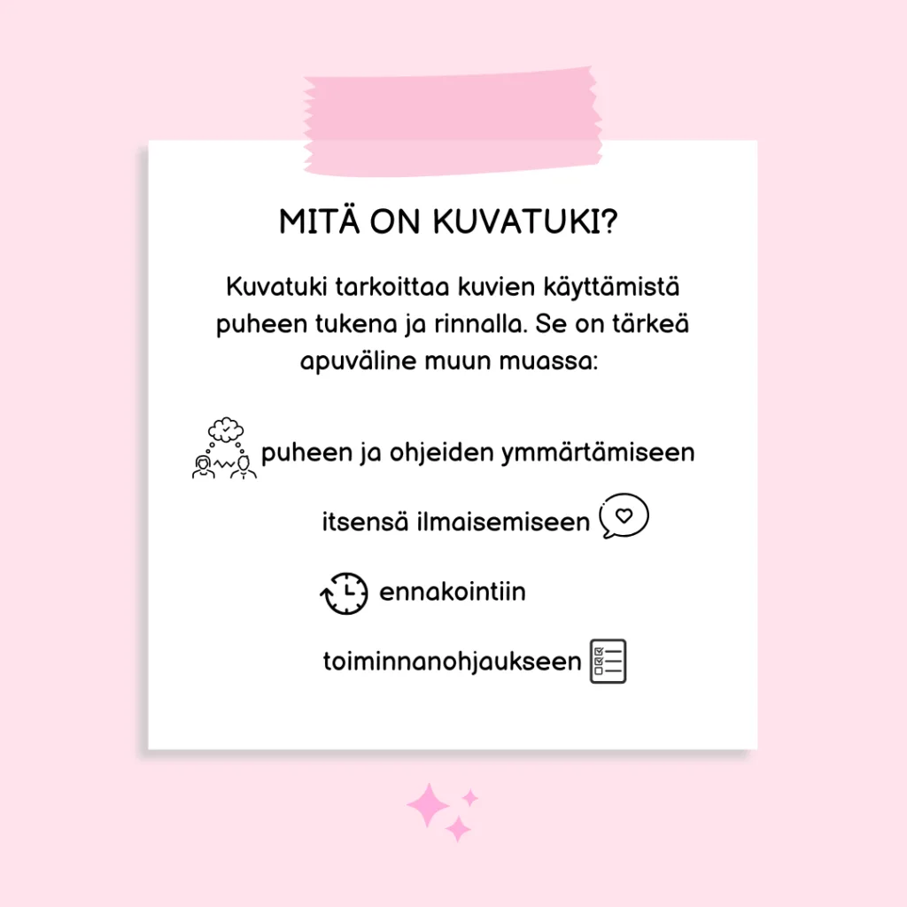 Mitä on kuvatuki? Se on tärkeä apuväline muun muassa puheen ja ohjeiden ymmärtämiseen ja itsensä ilmaisemiseen..