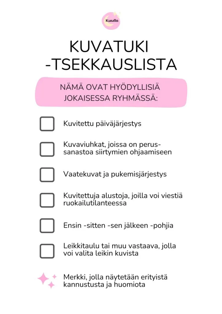 Kuvatuki -tsekkauslista Kuvatuki -tsekkauslista, jossa muun muassa kuvitettu päiväjärjestys, kuvaviuhkat, vaatekuvat, ensin-sitten-pohja ja leikkitaulu.
